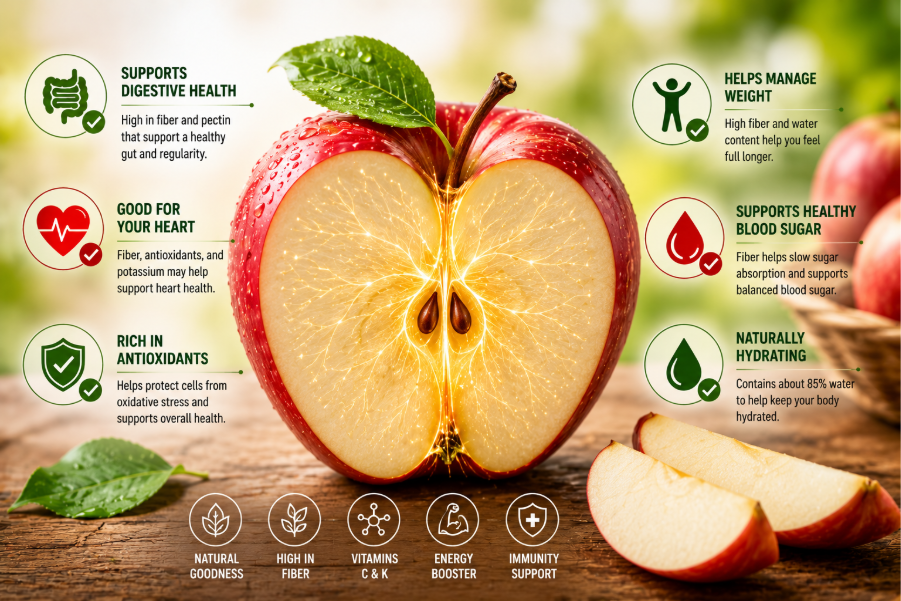 Infographic showing the health benefits of eating apples daily with a sliced red apple in the center. The image highlights digestive health support, heart health benefits, antioxidants, blood sugar balance, weight management, hydration, fiber, vitamins C and K, energy boosting, and immunity support.