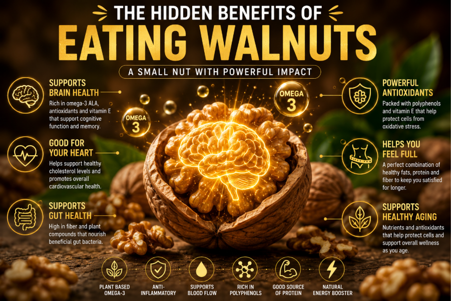 Infographic showing the hidden benefits of eating walnuts, including support for brain health, heart health, gut health, healthy aging, antioxidants, omega-3 fatty acids, and overall wellness.