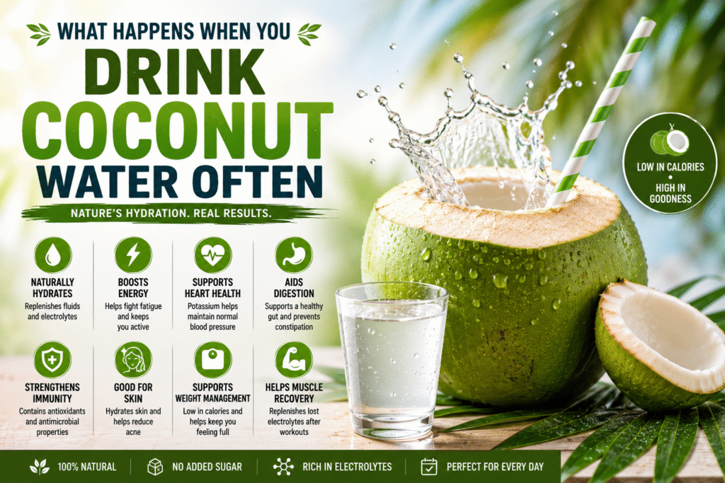 Fresh coconut water in a green coconut showcasing the health benefits of drinking coconut water often.