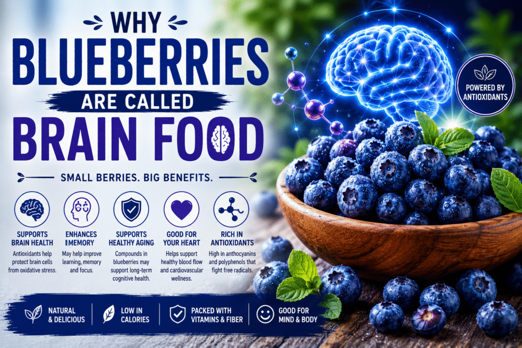 Blueberries spilling from a wooden bowl with glowing brain-shaped light effects and antioxidant particles, illustrating why blueberries are called brain food and their connection to memory, cognitive health, and healthy aging.