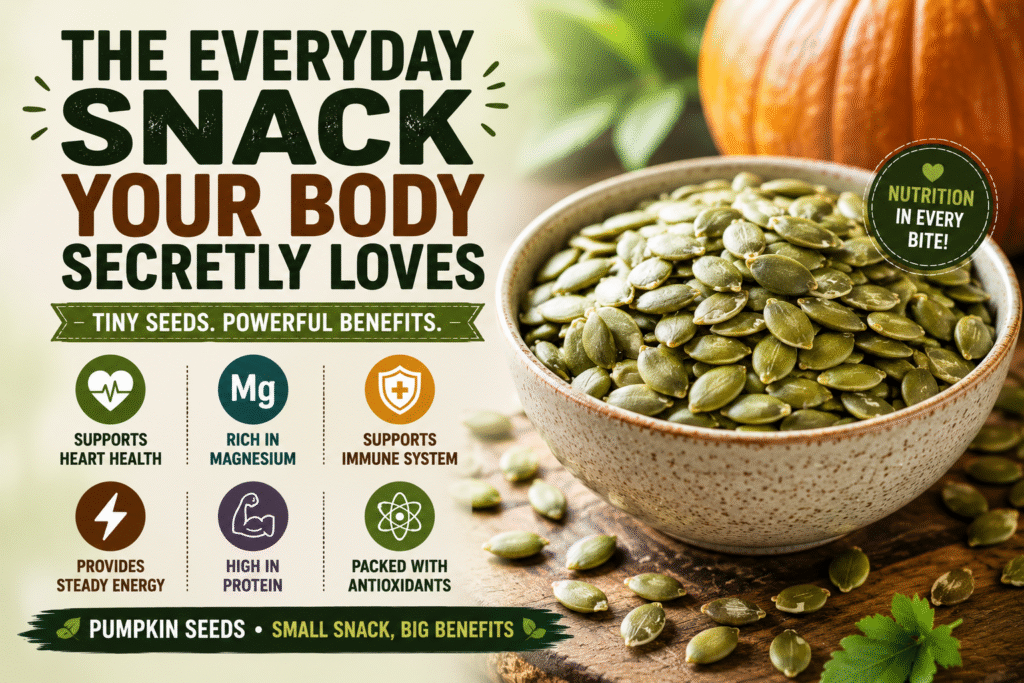 Pumpkin seeds infographic titled "The Everyday Snack Your Body Secretly Loves" showing a bowl of pumpkin seeds and highlighting key benefits including heart health support, immune system support, steady energy, protein content, magnesium, antioxidants, and overall wellness.