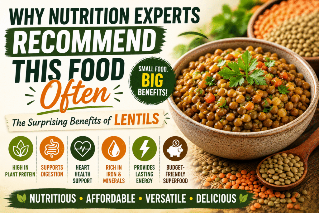 A bowl of cooked lentils showing why nutrition experts recommend this food often for health and nutrition.