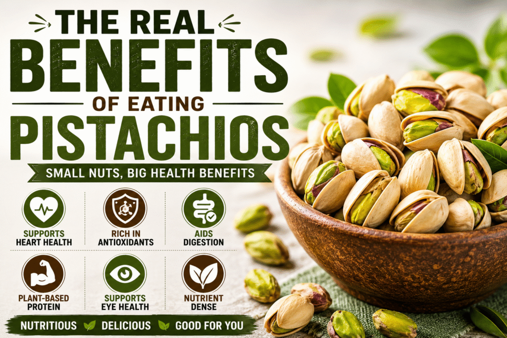 A bowl of pistachios showcasing the real benefits of eating pistachios for health and nutrition.