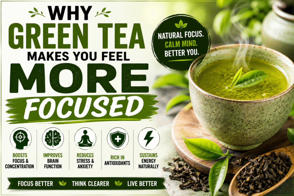 A steaming cup of green tea highlighting why green tea makes you feel more focused and supports mental clarity.