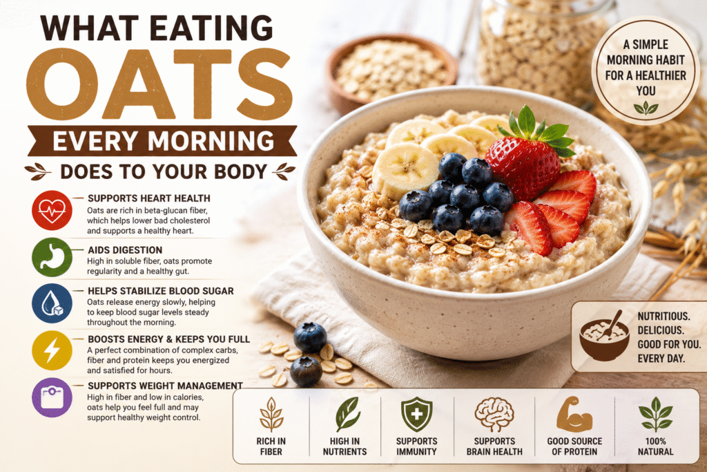 What eating oats every morning does to your body – nutritious oatmeal breakfast rich in fiber and beta-glucan, supporting heart health, digestion, sustained energy, and healthy eating habits.