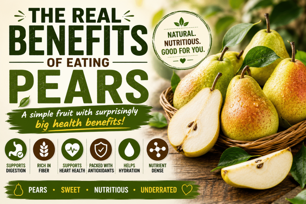 Fresh pears highlighting the real benefits of eating pears and their nutritional value.