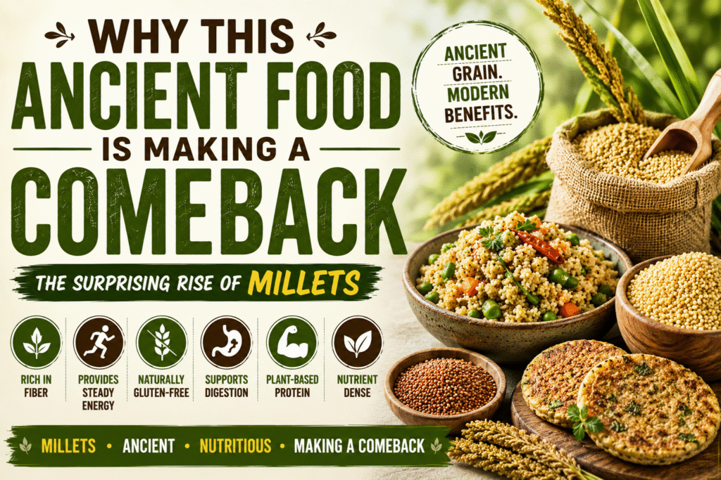 A bowl of assorted millets and millet-based dishes showcasing why this ancient food is making a comeback.