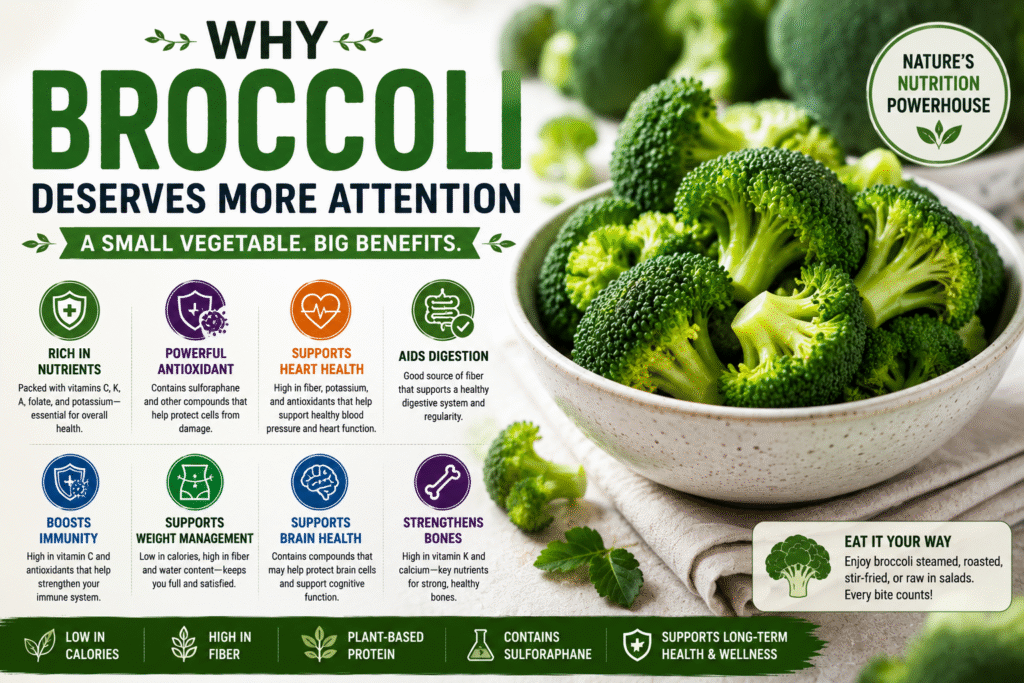 Infographic showing why broccoli deserves more attention, highlighting its health benefits including immunity support, heart health, digestion, weight management, and rich nutritional value.