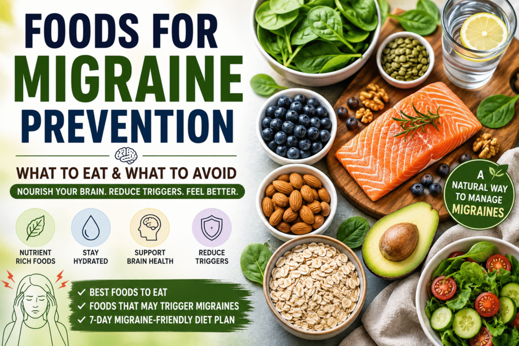 Foods for migraine prevention including salmon, spinach, blueberries, walnuts, oats, avocado, pumpkin seeds, and water