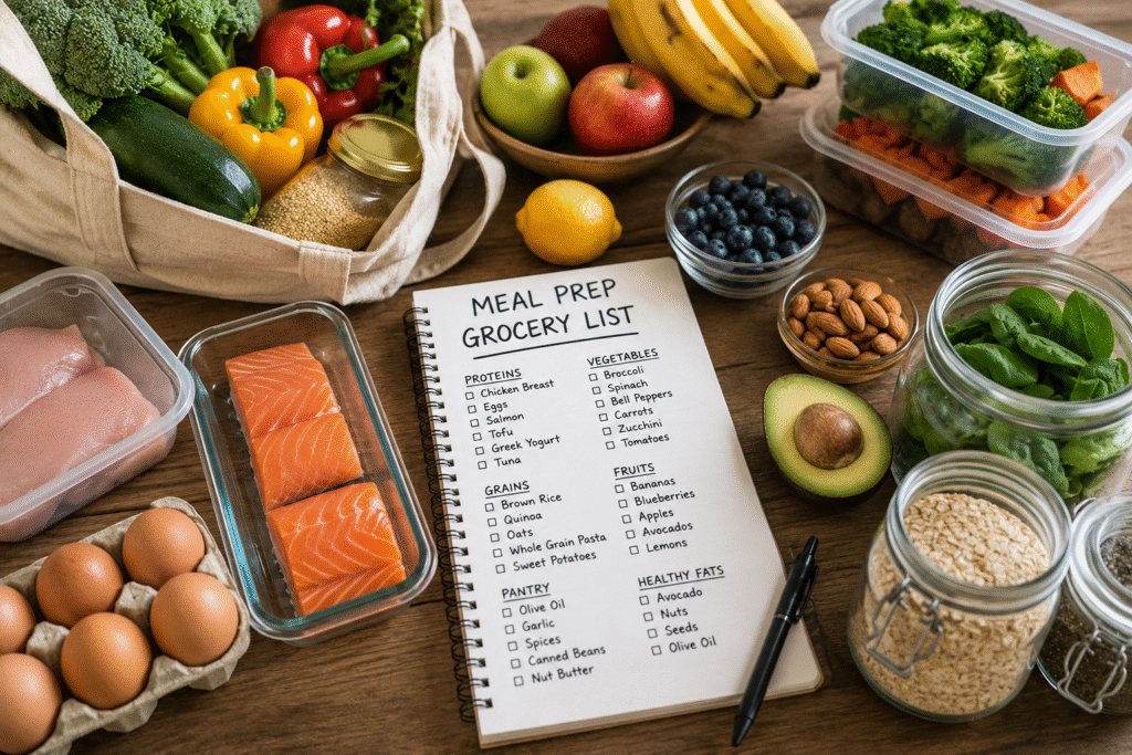 Healthy meal prep grocery list with fresh vegetables, fruits, lean protein, whole grains, dairy, and pantry staples arranged on a kitchen counter.
