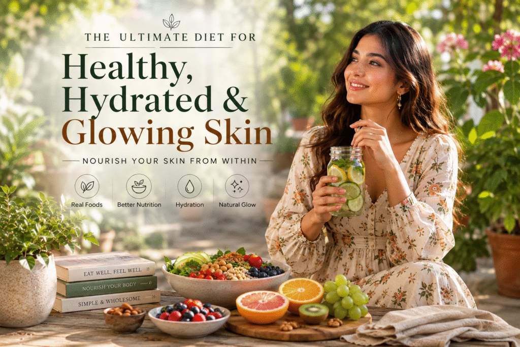 Fresh fruits, vegetables, salmon, avocado, nuts, seeds, and water arranged as a healthy diet for hydrated and glowing skin.