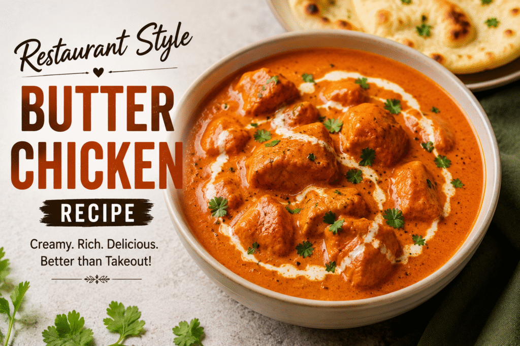 Restaurant style butter chicken served with naan