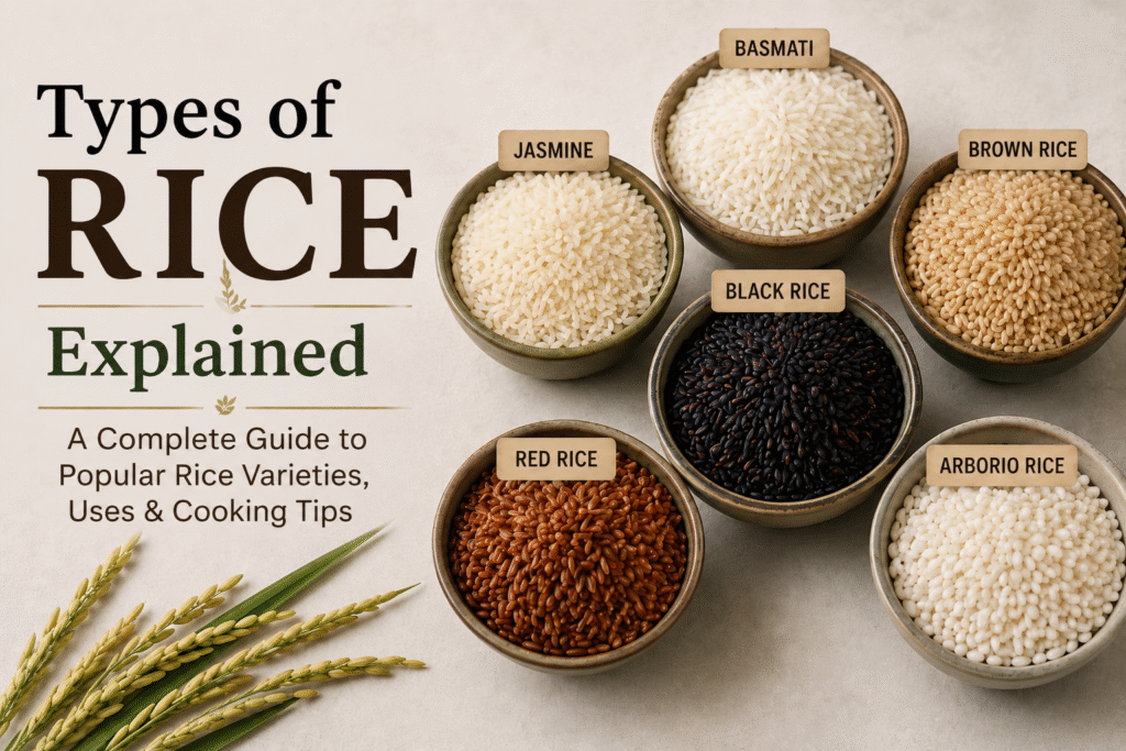 Types of rice explained with popular rice varieties including basmati, jasmine, arborio, brown, black, and wild rice