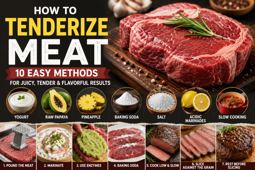 How to tenderize meat using yogurt, papaya, baking soda, and meat mallet