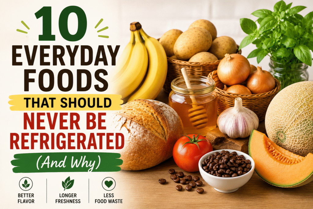 A selection of everyday foods including potatoes, onions, garlic, tomatoes, bread, bananas, honey, coffee, melons, and basil that should not be refrigerated. 
