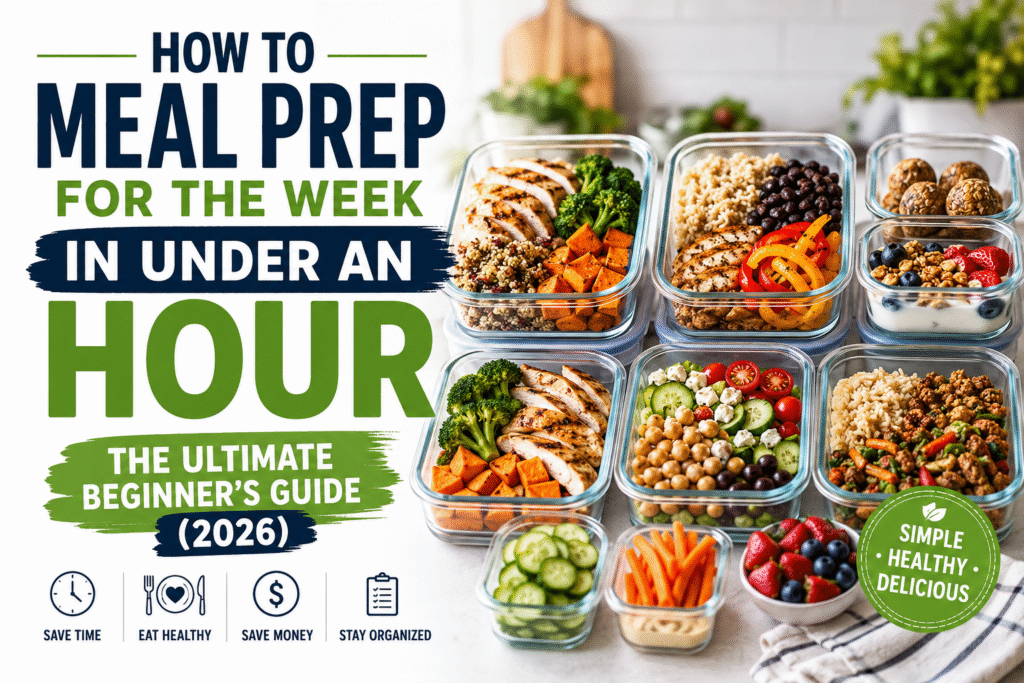 Weekly meal prep containers arranged on a kitchen counter