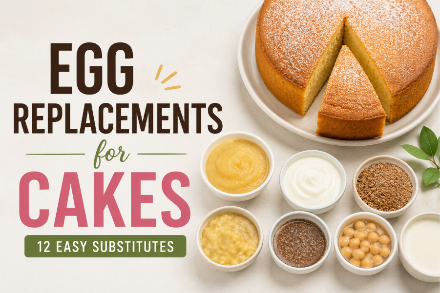 Different egg replacements for cakes including applesauce, Greek yogurt, flax egg, banana, aquafaba, and silken tofu.