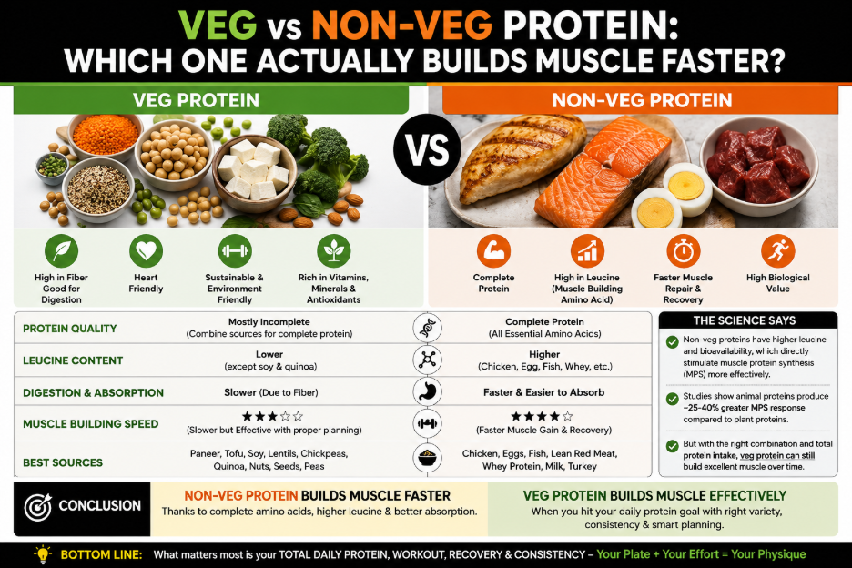 Vegetarian and non-vegetarian protein foods compared side by side — paneer, dal, tofu, eggs, chicken and fish