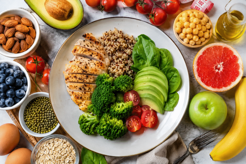 Healthy weight loss foods including eggs, oatmeal, Greek yogurt, lean proteins, vegetables, fruits, whole grains, nuts, seeds, legumes, green tea, and water.