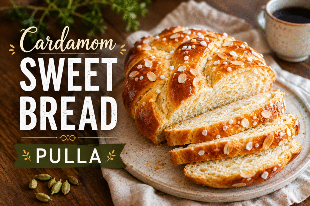 Freshly baked Finnish Cardamom Sweet Bread (Pulla) topped with sliced almonds and served in a rustic kitchen setting. 
