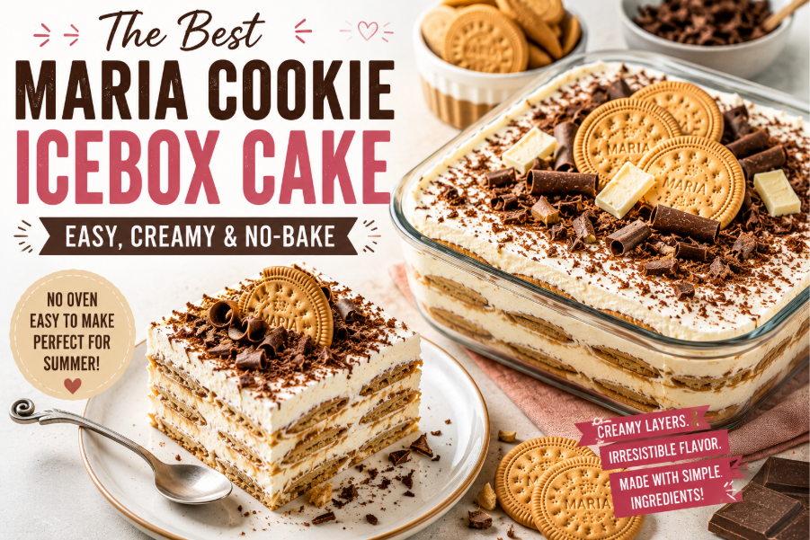 A creamy no-bake Maria Cookie Icebox Cake with beautiful layers of Maria biscuits and whipped cream, topped with chocolate shavings. 