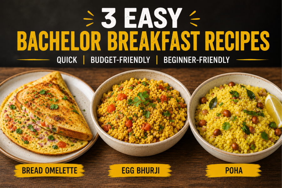 Three easy bachelor breakfast recipes including Bread Omelette, Egg Bhurji, and Poha served on a wooden table. 