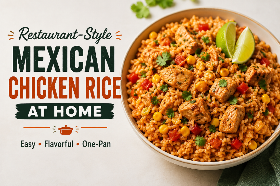 Restaurant-Style Mexican Chicken Rice at Home served in a skillet with seasoned rice, juicy chicken, corn, bell peppers, cilantro, and lime. 