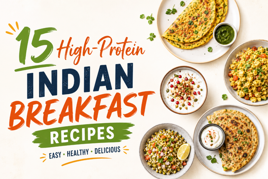 15 high-protein Indian breakfast recipes including moong dal chilla, paneer bhurji, egg bhurji, sprouts chaat, and paneer paratha. 