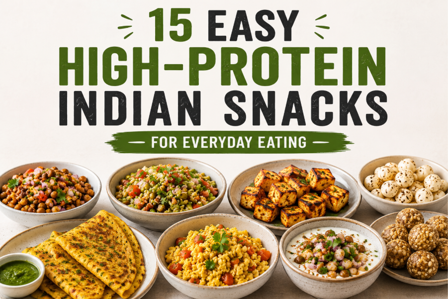 15 easy high-protein Indian snacks including paneer tikka, egg bhurji, sprouts chaat, chilla, chickpeas, and other healthy snack recipes. 