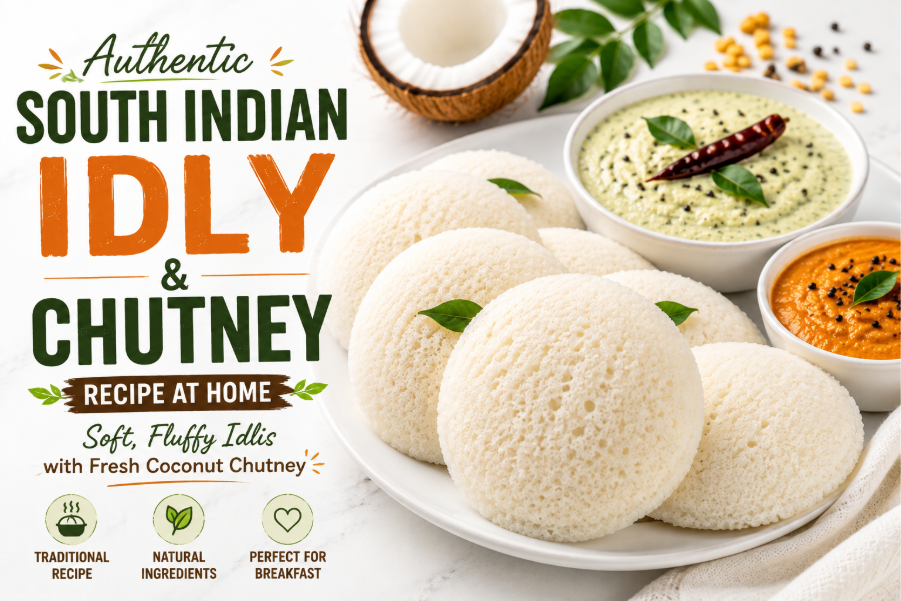 Authentic South Indian idly served with fresh coconut chutney on a ba