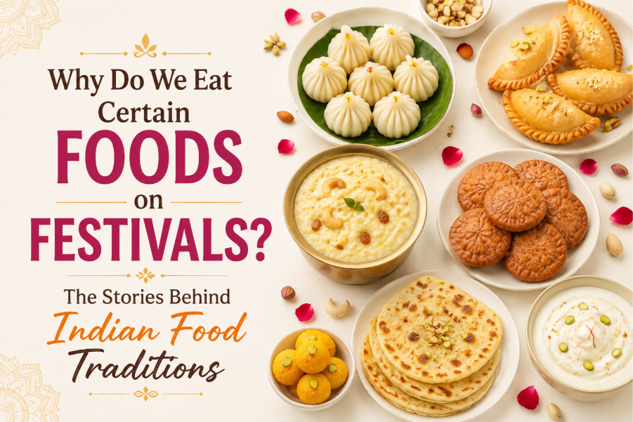 Traditional Indian festival foods including modak, gujiya, Pongal, thekua, and Puran Poli