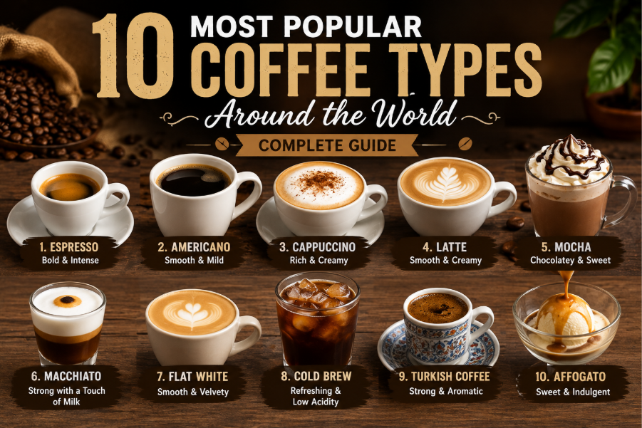 A collection of 10 popular coffee drinks including espresso, cappuccino, latte, mocha, flat white, cold brew, Americano, macchiato, Turkish coffee, and affogato. 