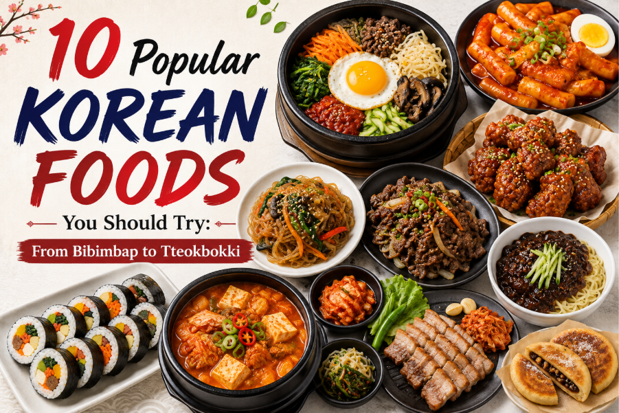 Popular Korean foods including bibimbap, tteokbokki, bulgogi, japchae and kimbap 