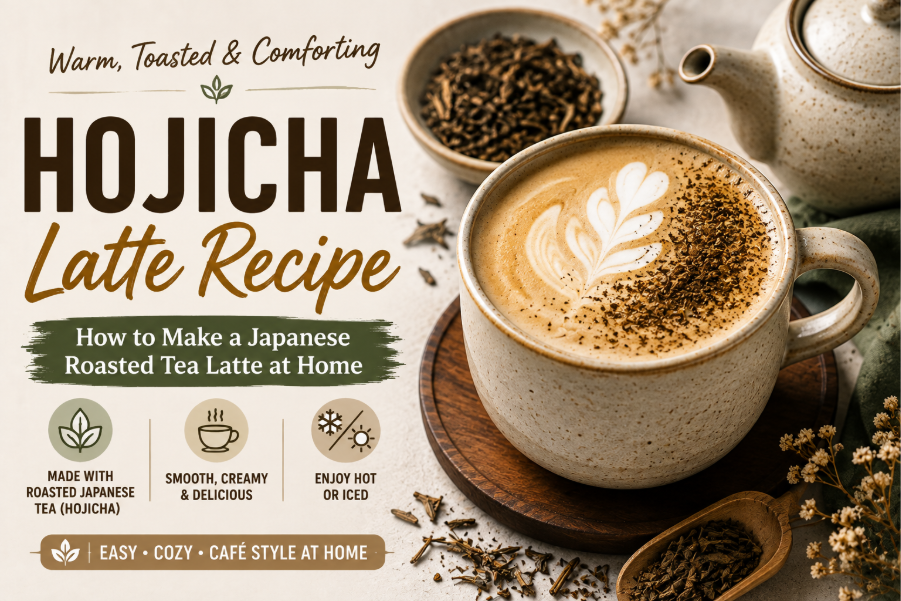 Creamy Japanese hojicha latte made with roasted tea and milk 