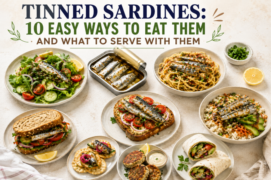 Tinned sardines served with toasted bread, lemon, tomatoes, herbs, and fresh vegetables 
