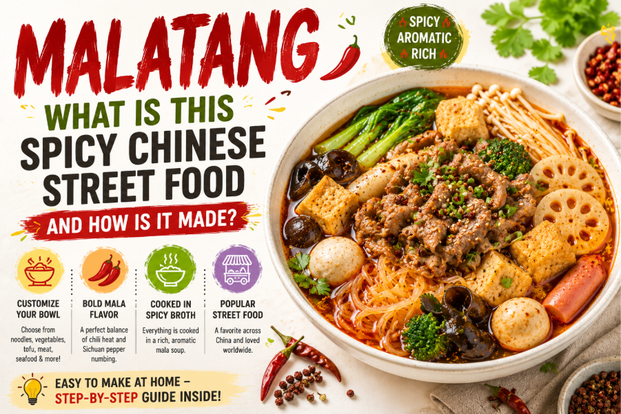 Bowl of spicy malatang with noodles, vegetables, tofu, mushrooms, and chili broth 