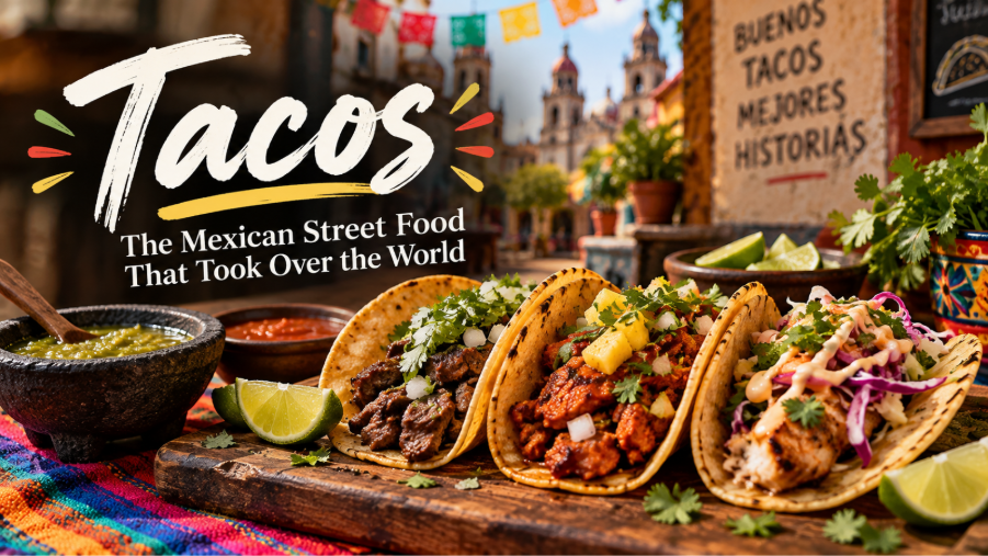 Mexican tacos with grilled meat, fresh cilantro, onion, lime, and colorful salsa