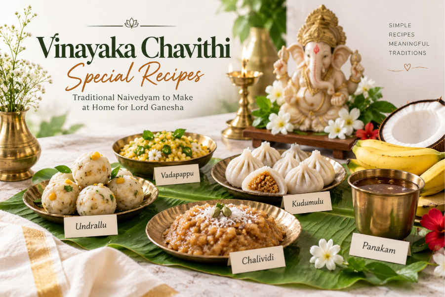 Traditional Vinayaka Chavithi naivedyam with Undrallu, Kudumulu, fruits, and Panakam  