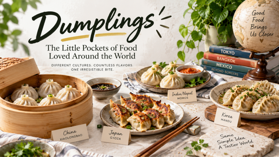 Assorted steamed and fried dumplings with dipping sauces and chopsticks  