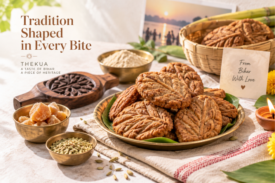 Traditional Bihari Thekua sweets made with jaggery and wheat flour on a festive plate  
