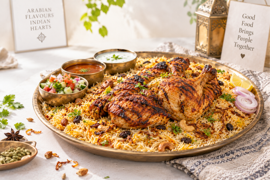 Arabian Mandi with fragrant rice and tender roasted chicken served on a large platter 