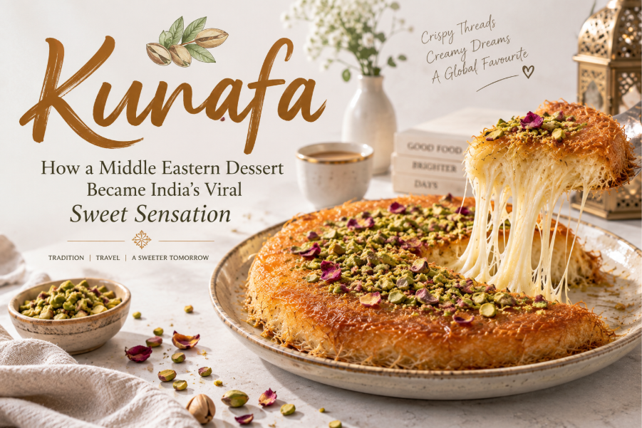 Golden Kunafa with pistachios and creamy cheese filling on a light marble table