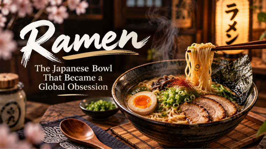 Japanese ramen bowl with noodles, soft-boiled egg, chashu pork, scallions, and seaweed  