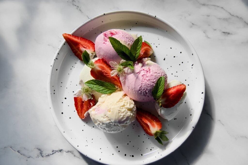 Bowl of homemade high-protein ice cream made with a countertop machine