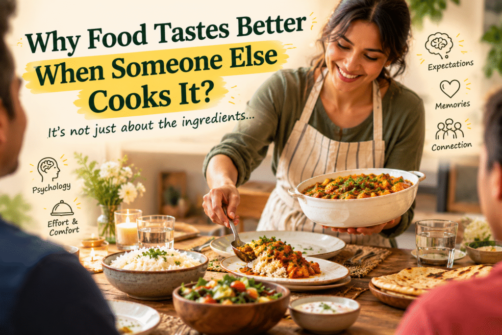 Why food tastes better when someone else cooks it, shown by a woman serving homemade curry at a family meal.
