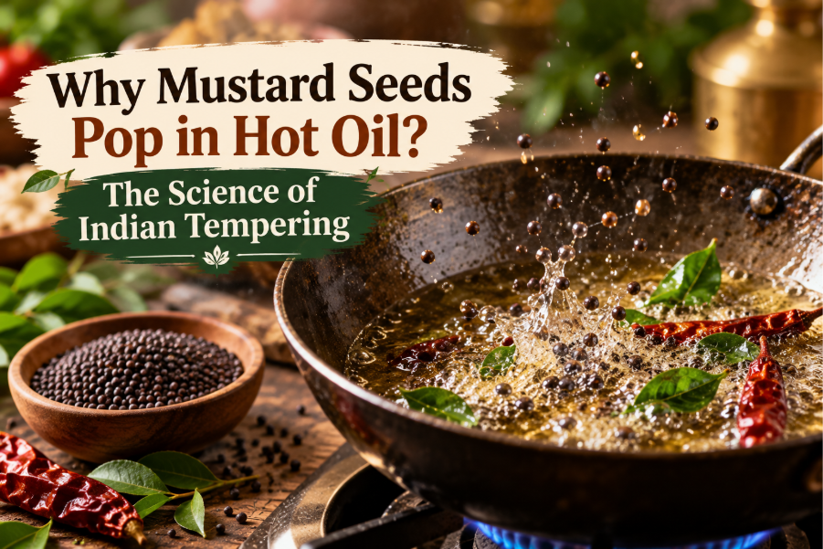 Black mustard seeds popping in hot oil during Indian tempering.