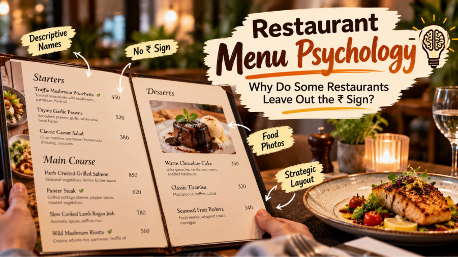 Restaurant menu displaying food descriptions and prices beside a plated meal on a dining table.