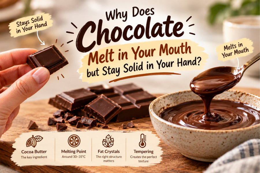 Chocolate bar and melted chocolate illustrating why chocolate melts in your mouth but stays solid in your hand. 