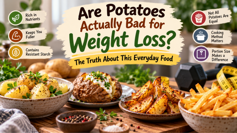 Boiled potatoes, baked potato wedges, and French fries illustrating healthier ways to eat potatoes for weight loss. 