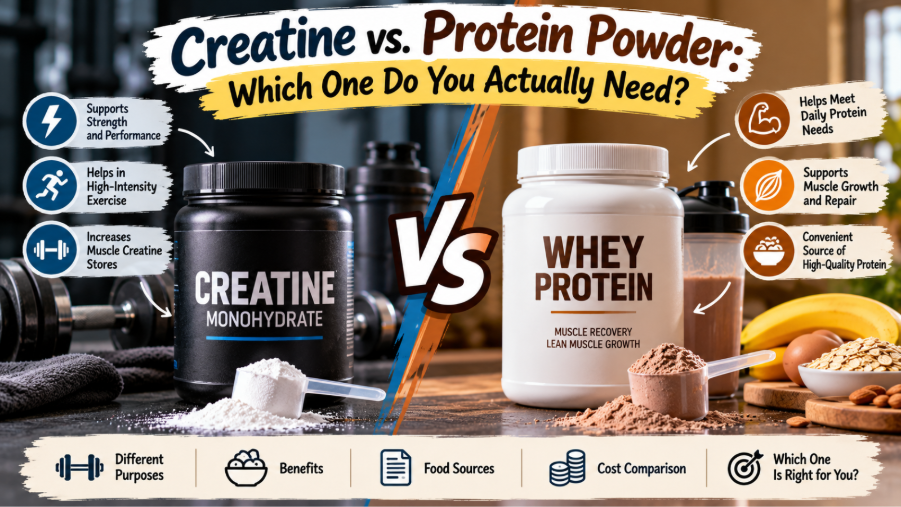 Creatine powder and protein powder containers beside a shaker bottle and dumbbells, illustrating their different roles in muscle growth. 